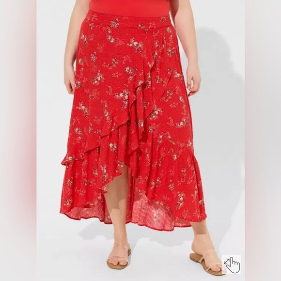 Torrid Maxi Swiss Dot Ruffle Hi-Low Skirt Joy Paisley Adrenaline Rush Red Sz 1X - Picture 3 of 15